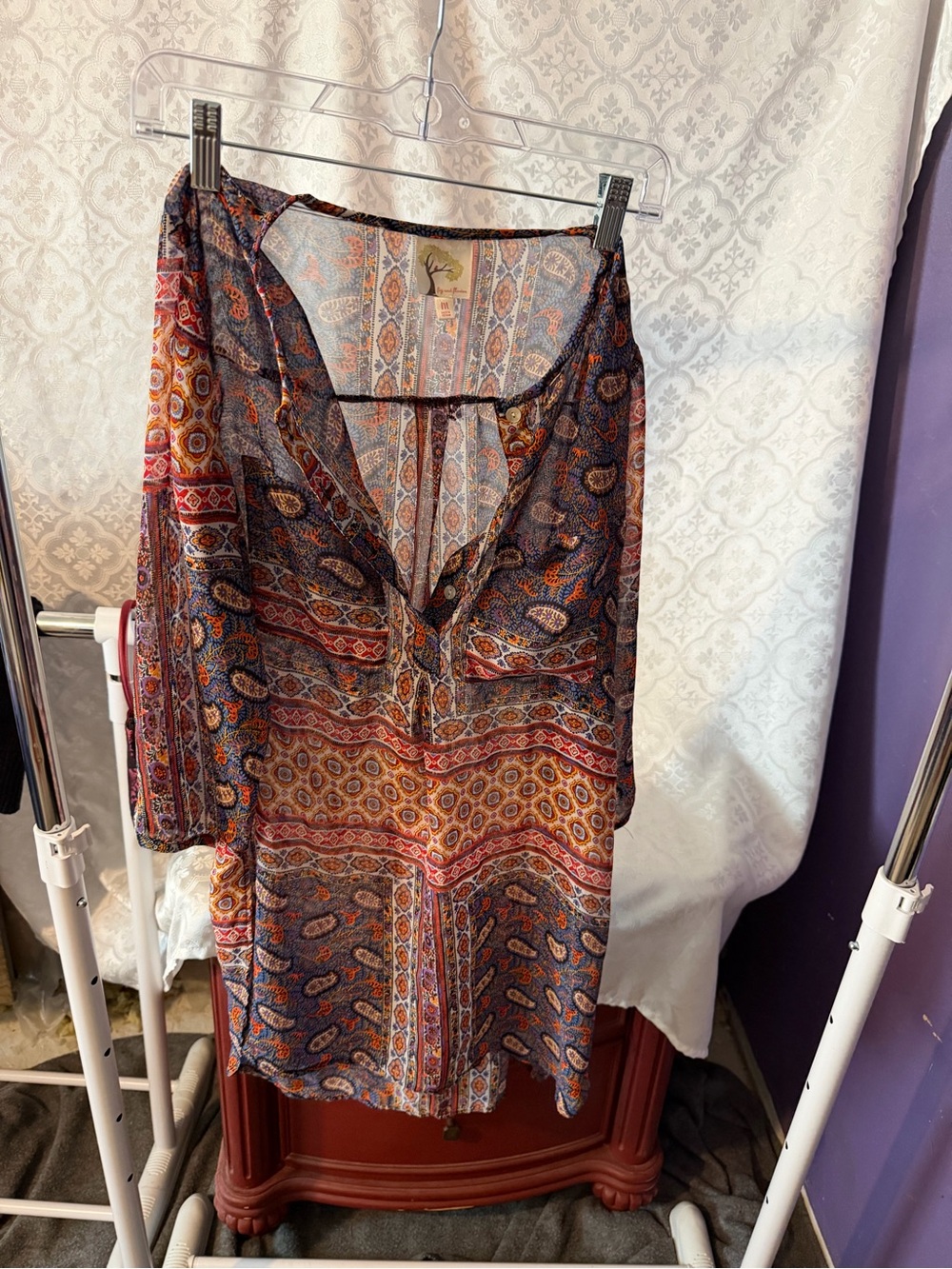 Boho Paisley Button-Front Blouse in Navy and Rust